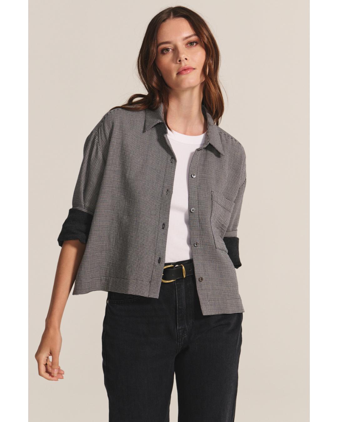 button up collared shirt in black houndstooth