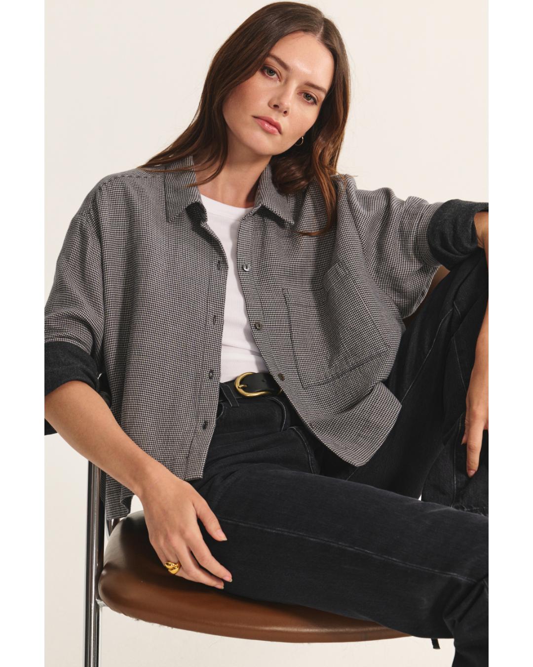 button up collared shirt in black houndstooth