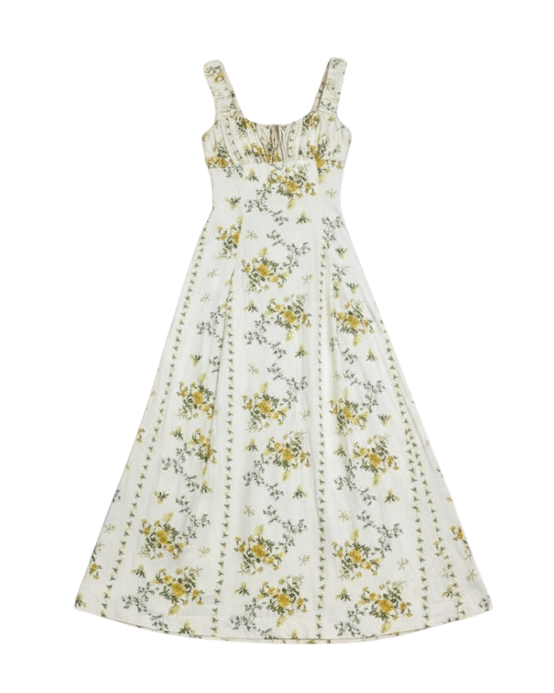 maxi dress in cream with green and yellow floral print