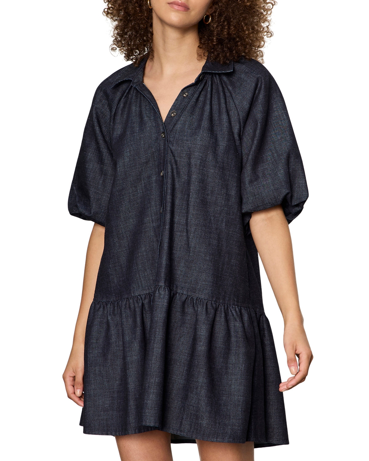 denim mini dress in a dark washed blue