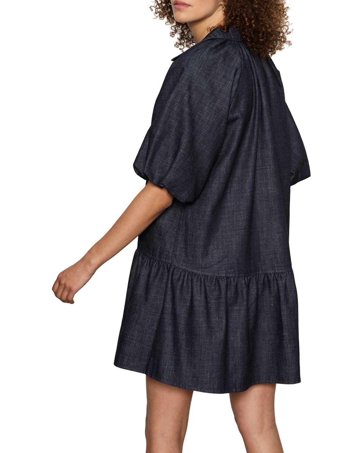 denim mini dress in a dark washed blue