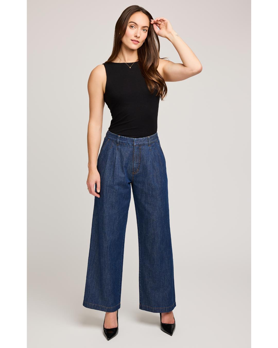 dark wash wide leg denim pants