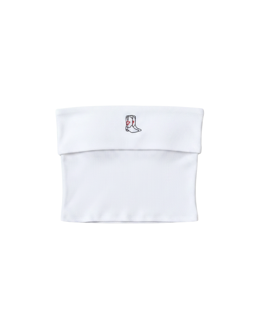 strapless white tube top with cowboy boots embroidered on the top