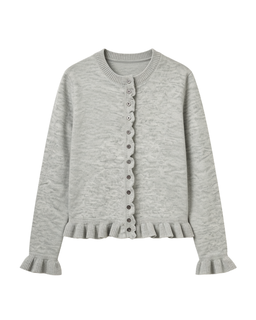 grey cardigan with ruffles down the middle and on sleeves