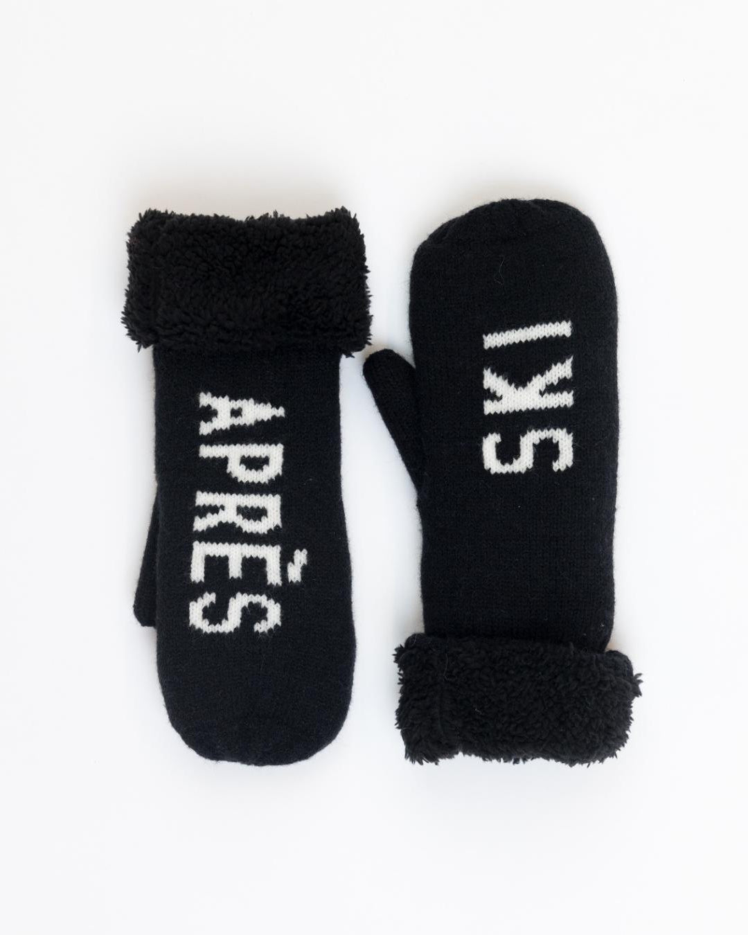 black hat and mitts that say apres ski