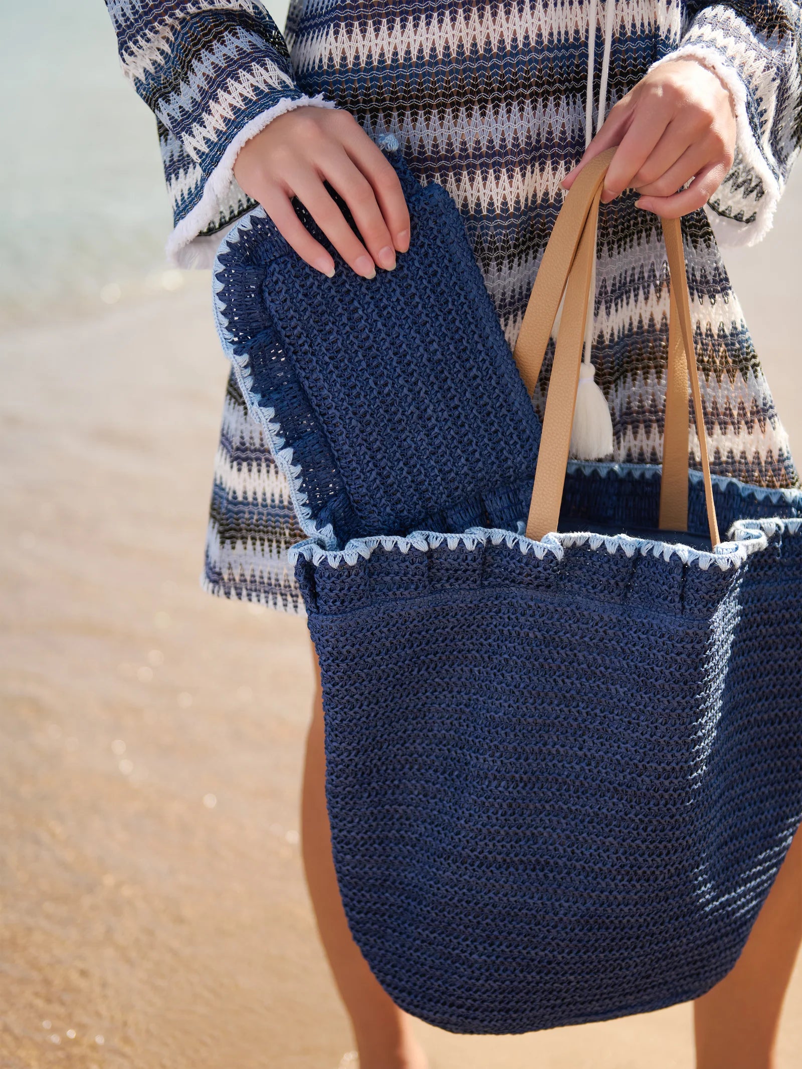navy straw tote