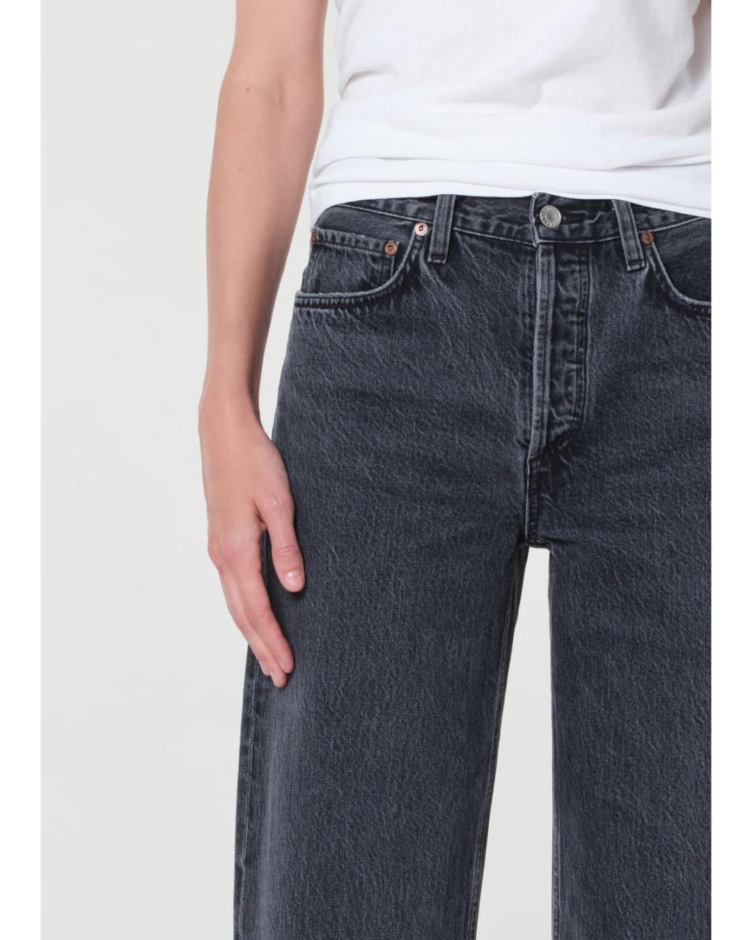 washed black denim pant with a curve leg