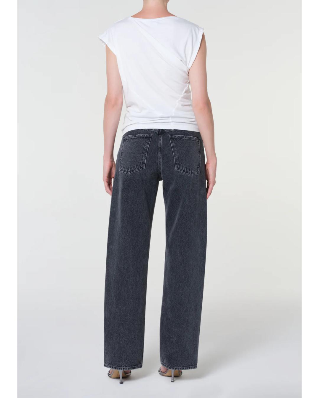 washed black denim pant with a curve leg