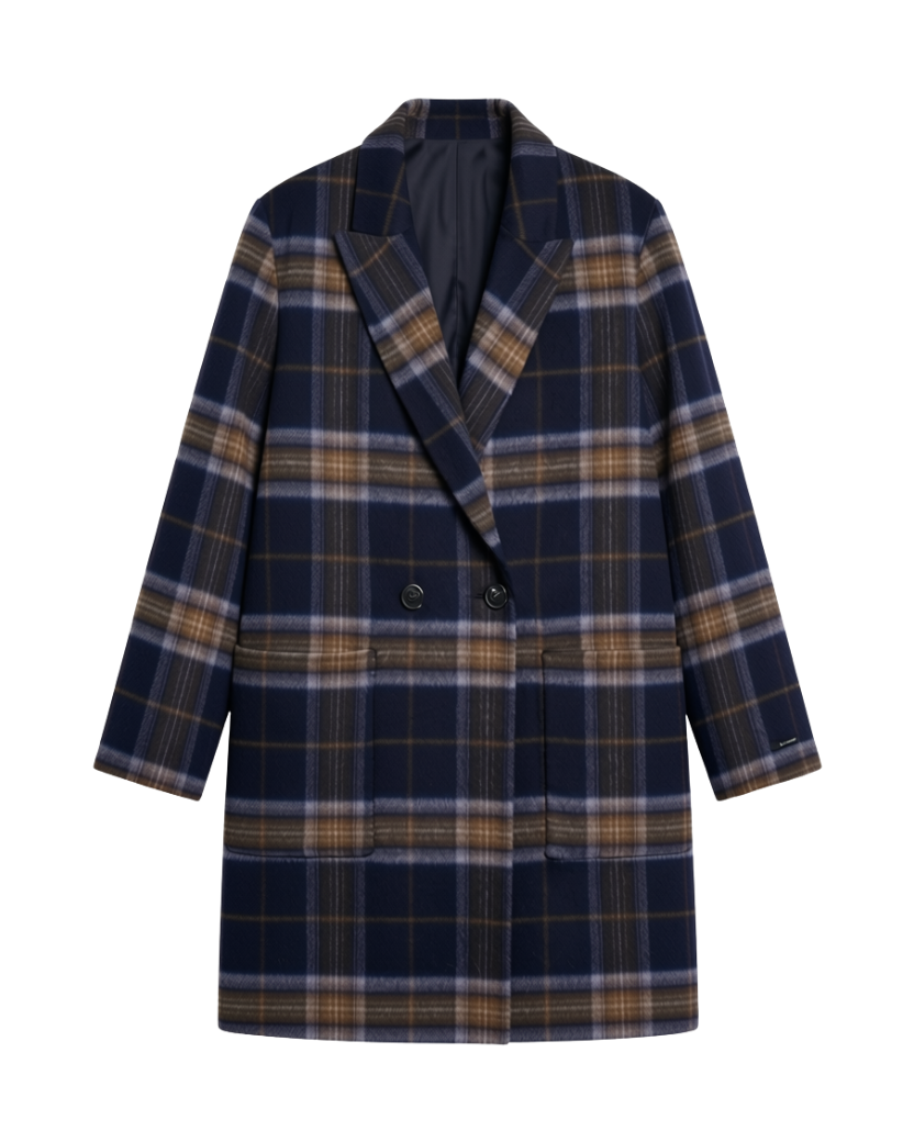 long navy and brown plaid coat