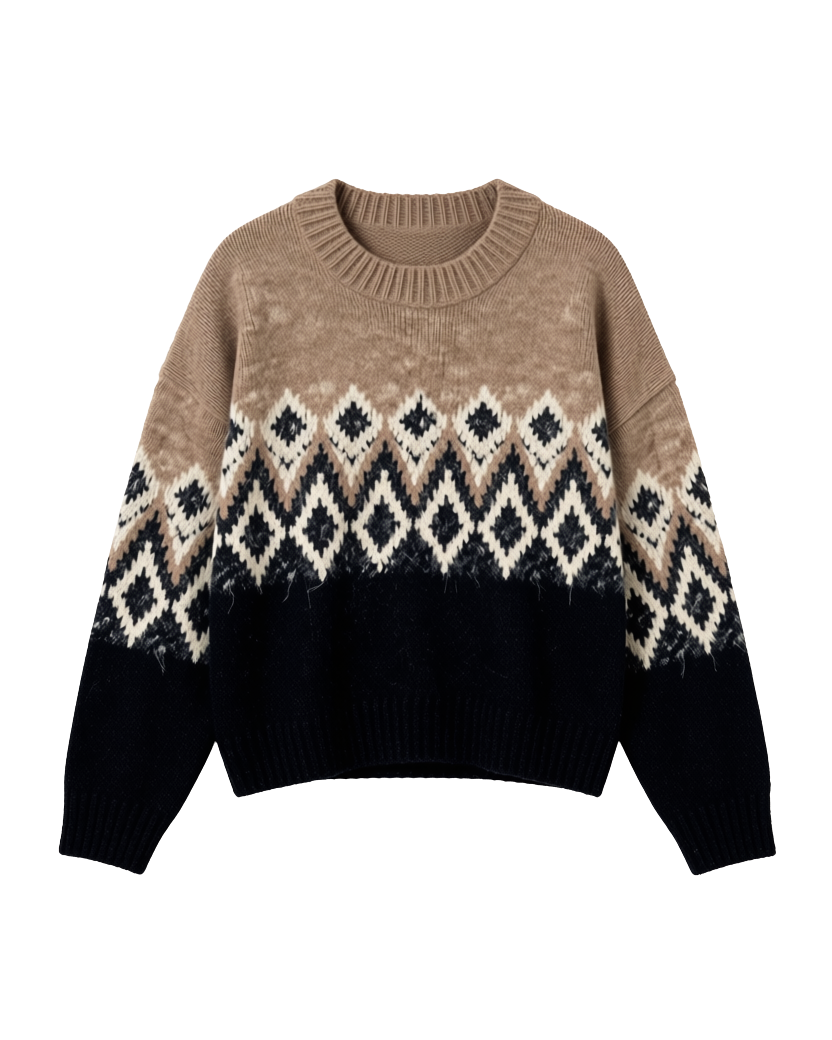 fairisle knit sweater in brown on the top and black on the bottom