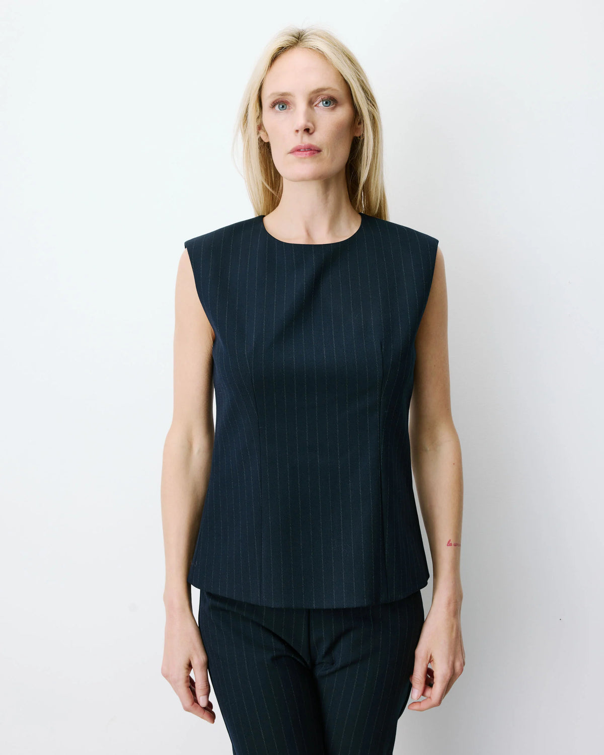 suiting top in navy and pinstripe
