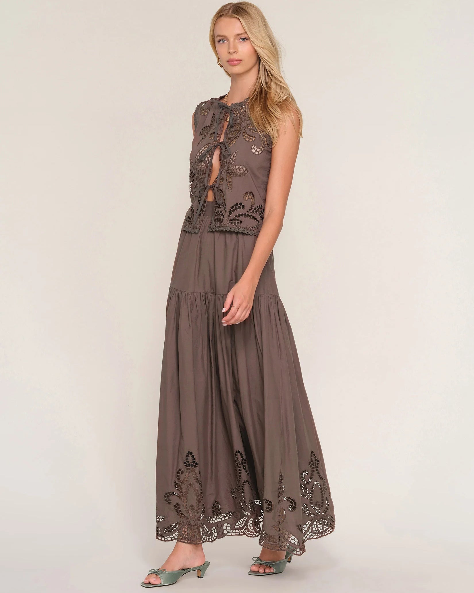 two piece set in brown with eyelet top and eyelet midi skirt