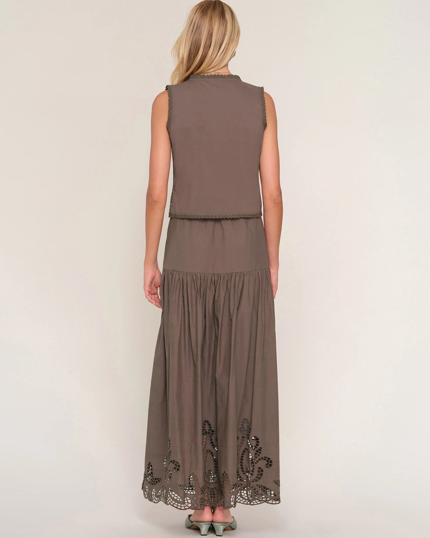 two piece set in brown with eyelet top and eyelet midi skirt