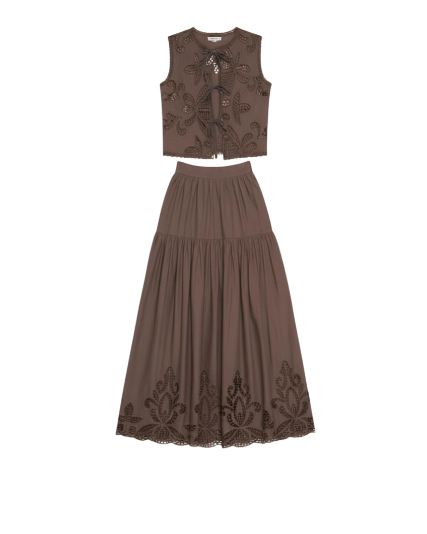 two piece set in brown with eyelet top and eyelet midi skirt