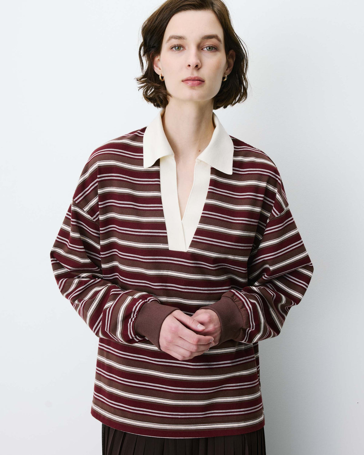 brown and cream striped polo long sleeve