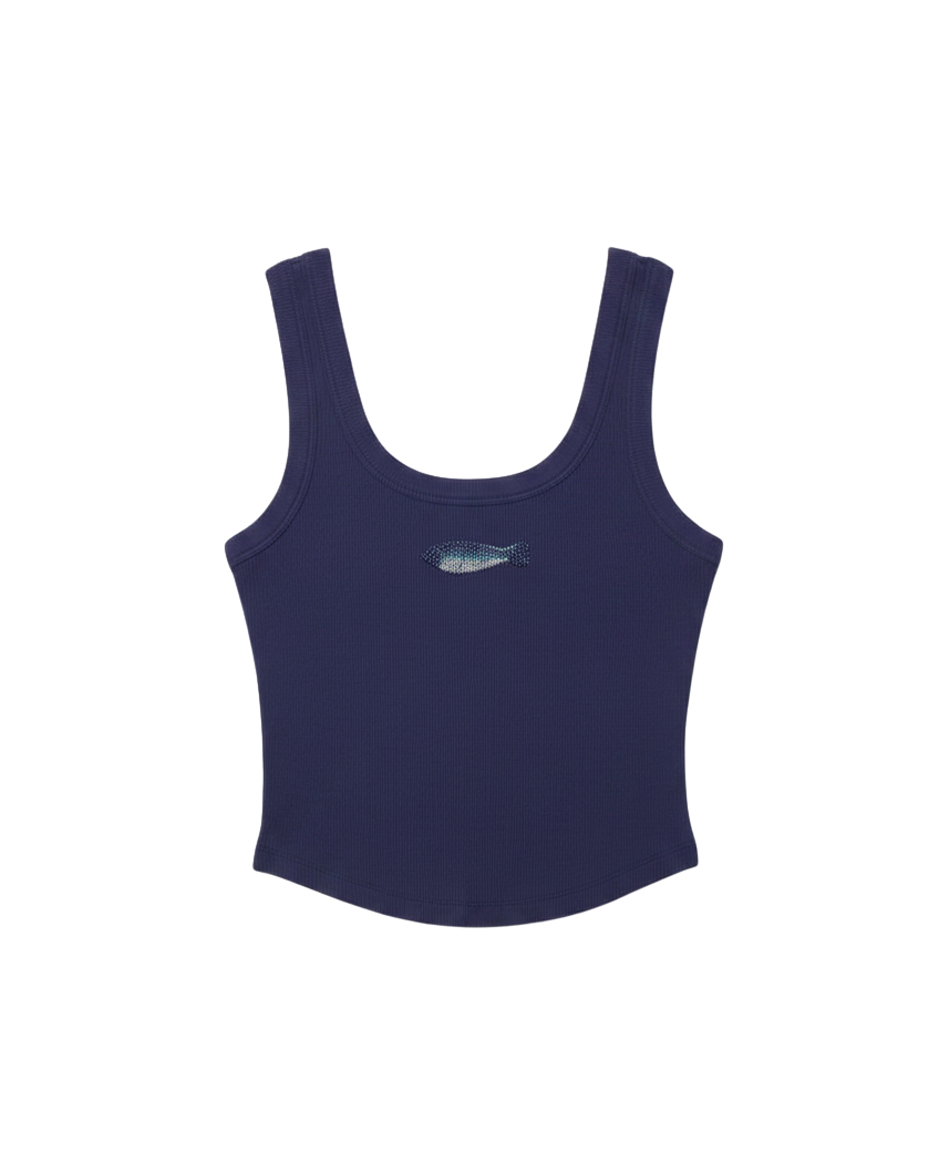 crop navy tank top with fish embroidery