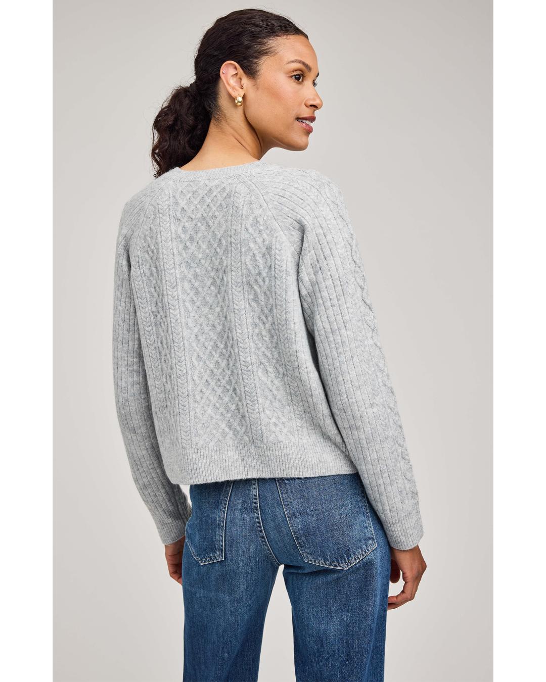 grey knit sweater with buttons half way down