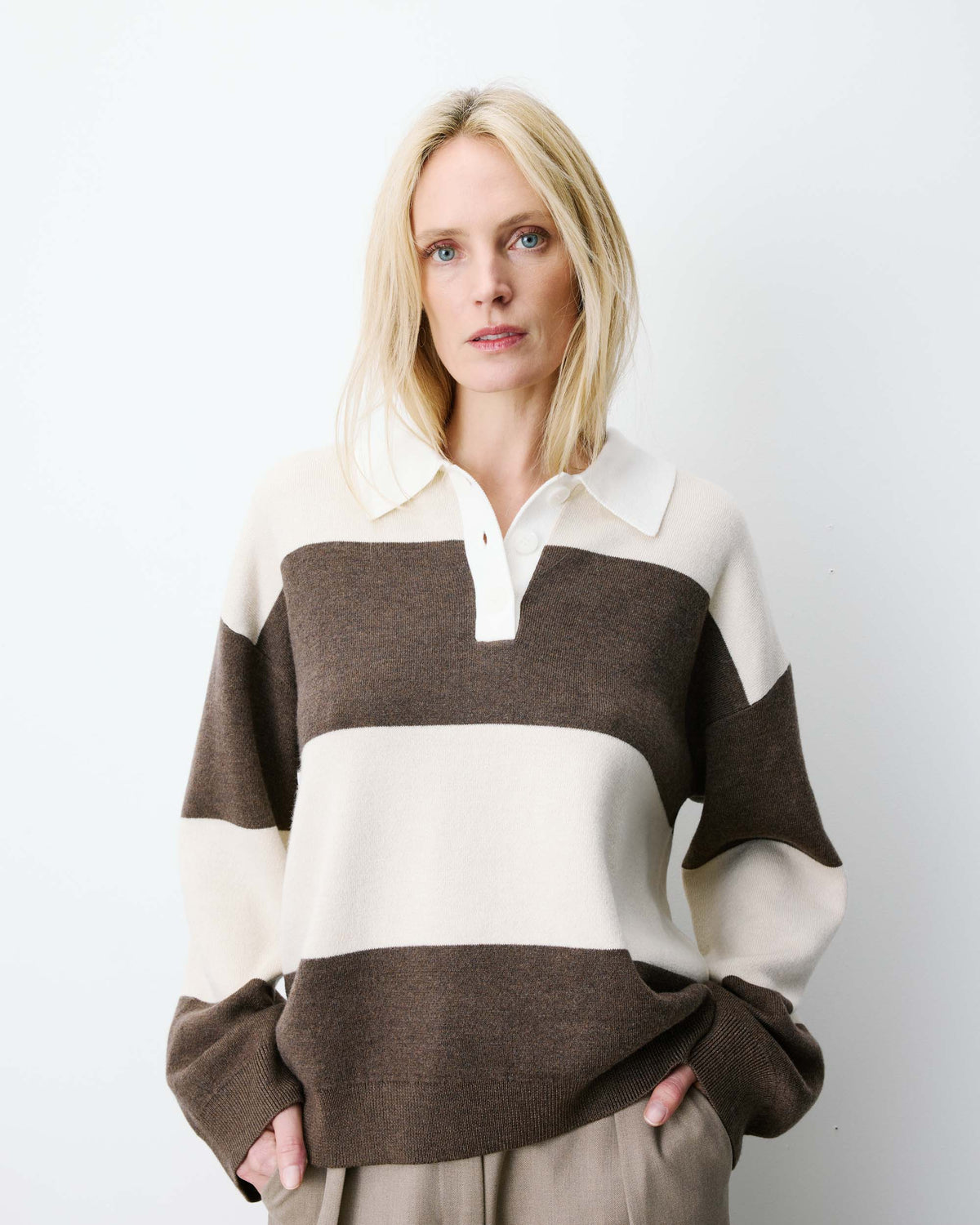 brown and cream thick stripe polo sweater