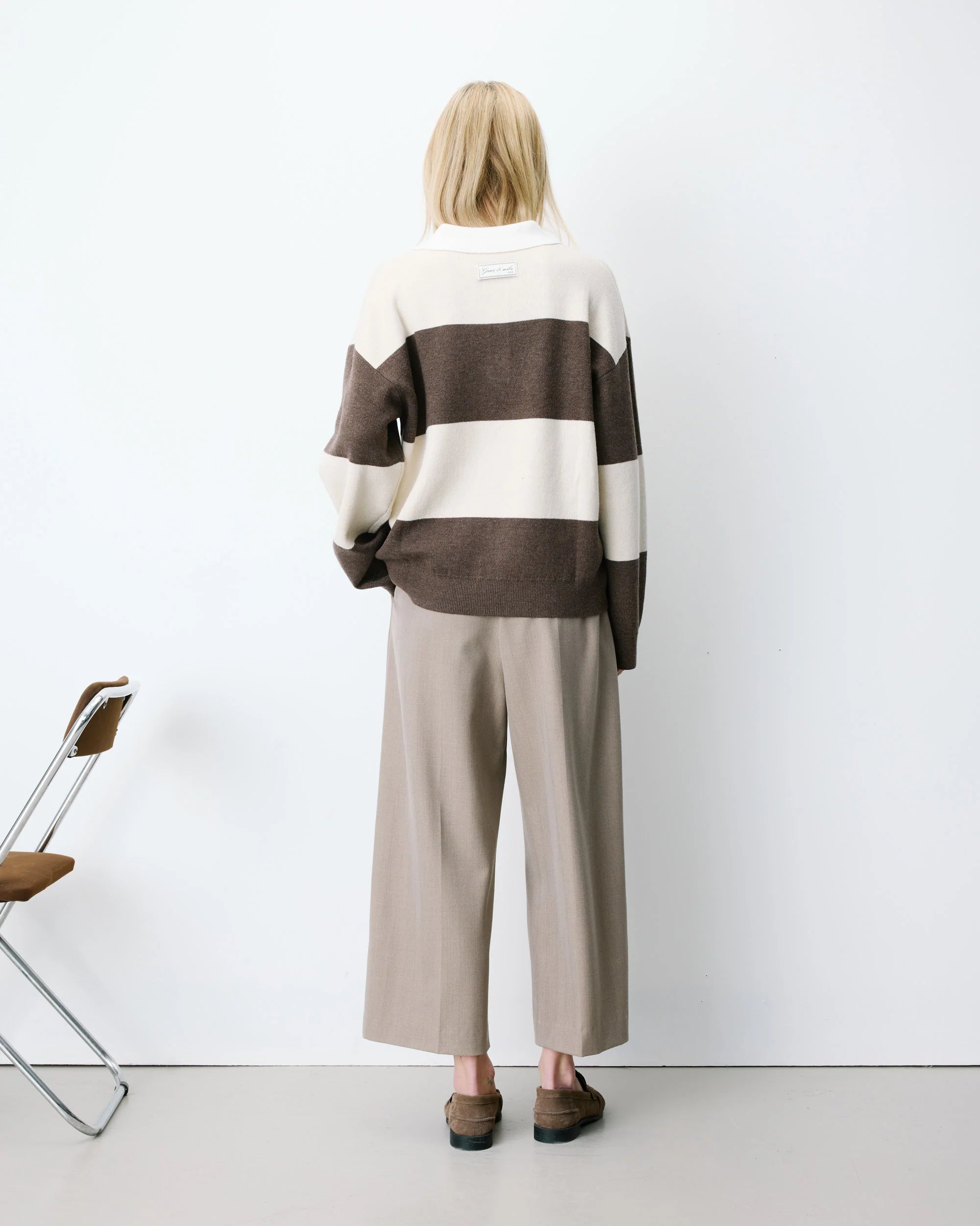 brown and cream thick stripe polo sweater
