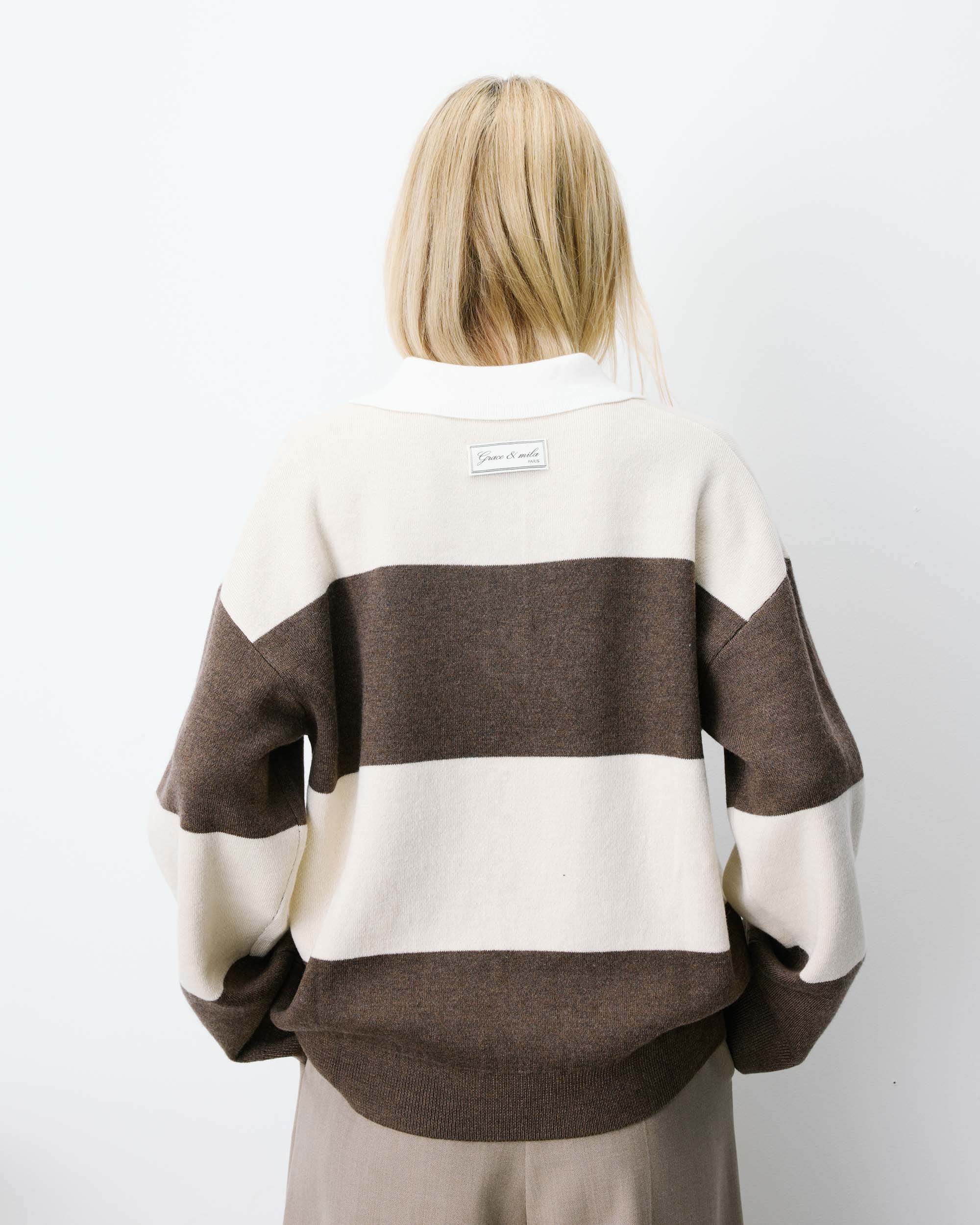 brown and cream thick stripe polo sweater