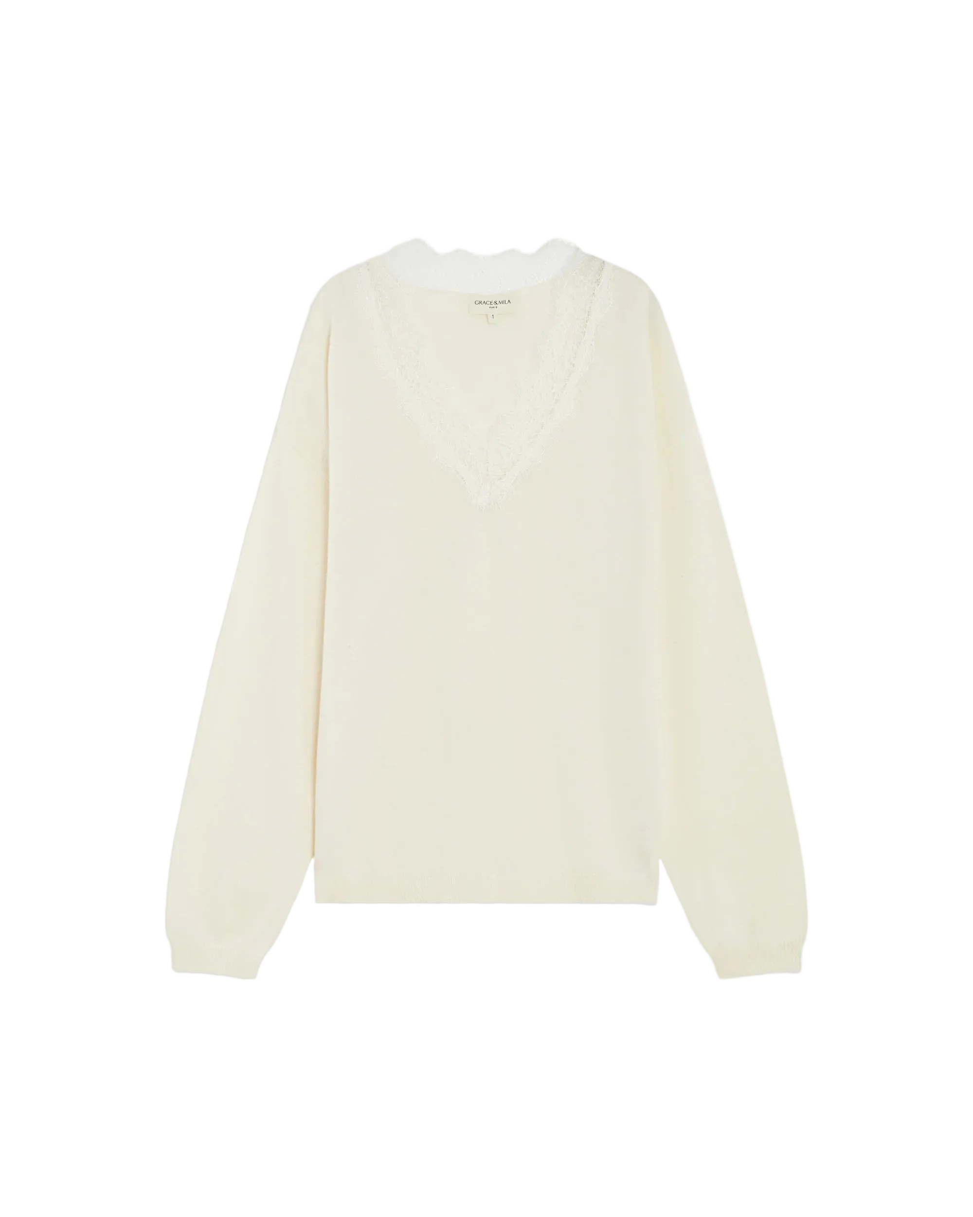 cream knit v-neck sweater with lace trim around neck