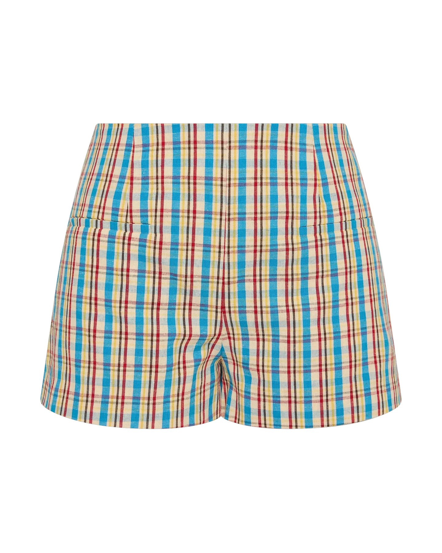 mini short in a checkered pattern n blue, beige and red