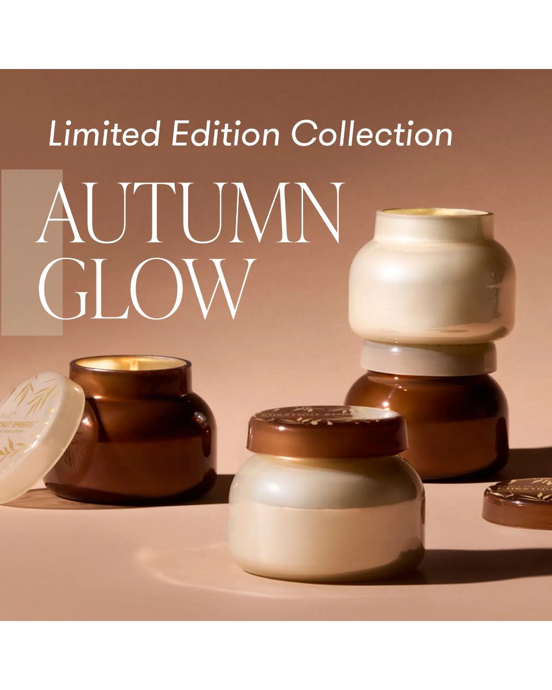 Ceramic jars with 'Autumn Glow' text on a beige background