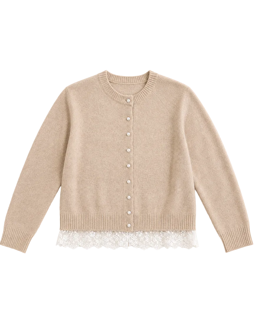 beige knit cardigan with pearl buttons and lace trim on the bottom