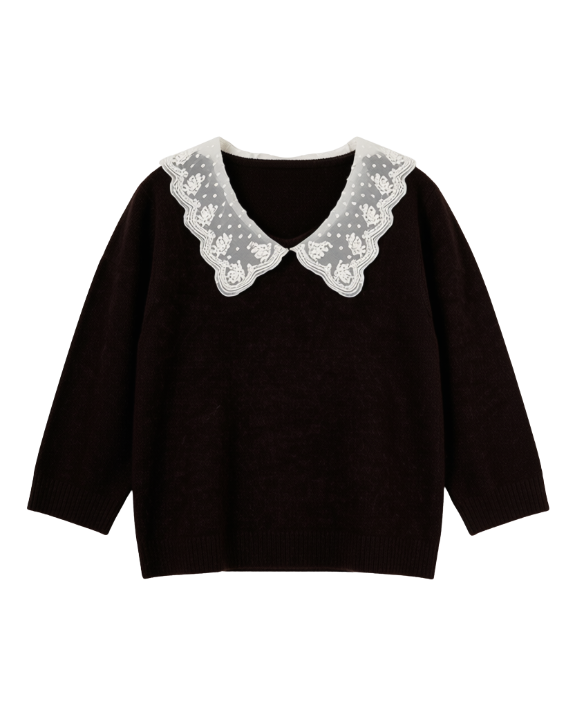 short sleeve knit top in brown with lace collar