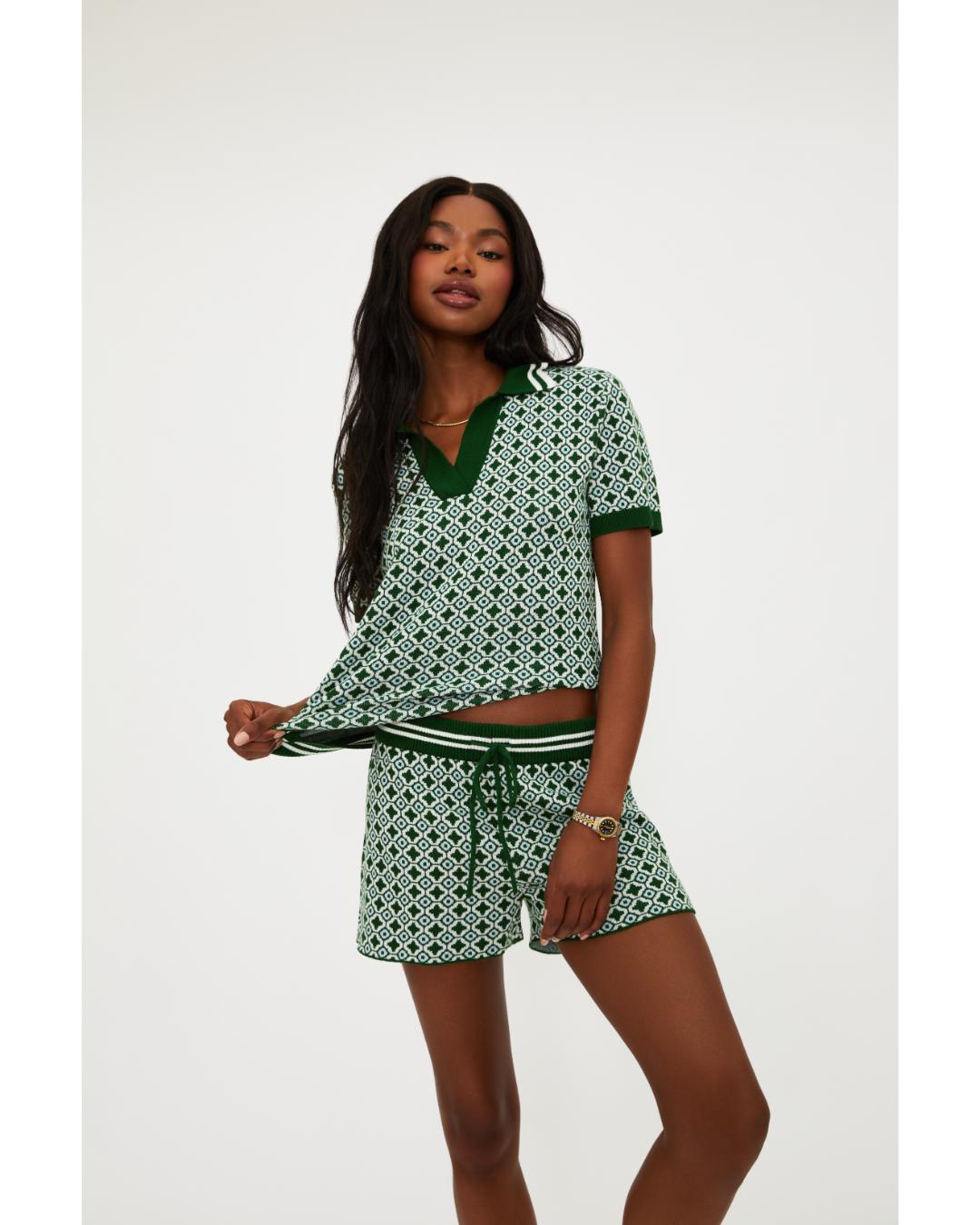 green printed shorts with drawstring