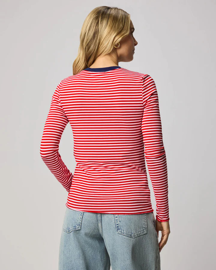 red stripe long sleeve with navy neck line