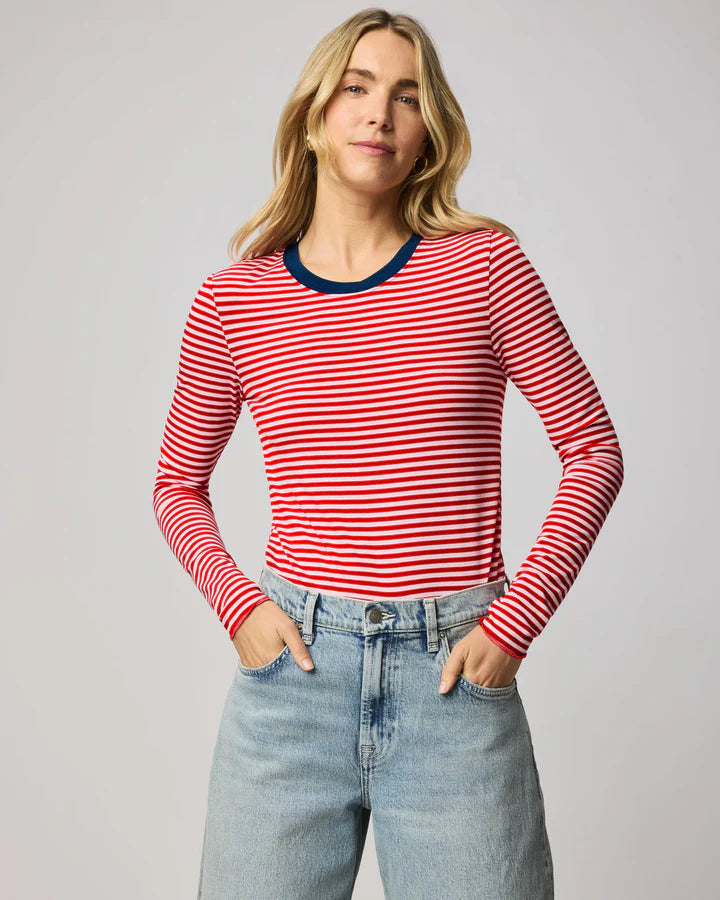 red stripe long sleeve with navy neck line