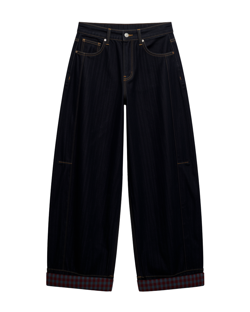 dark denim barrel jean with rolled cuff and plaid design