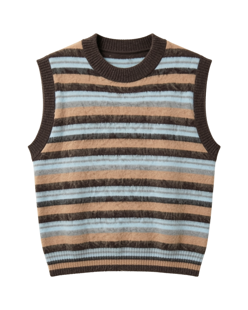 striped sleeveless vest in brown, blue and tan