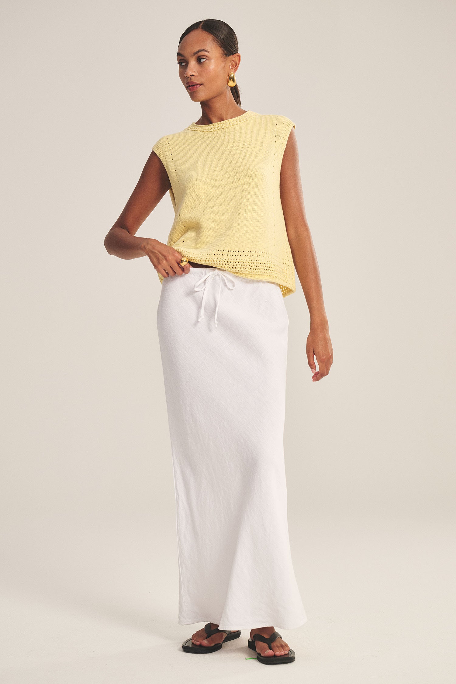 white linen midi skirt