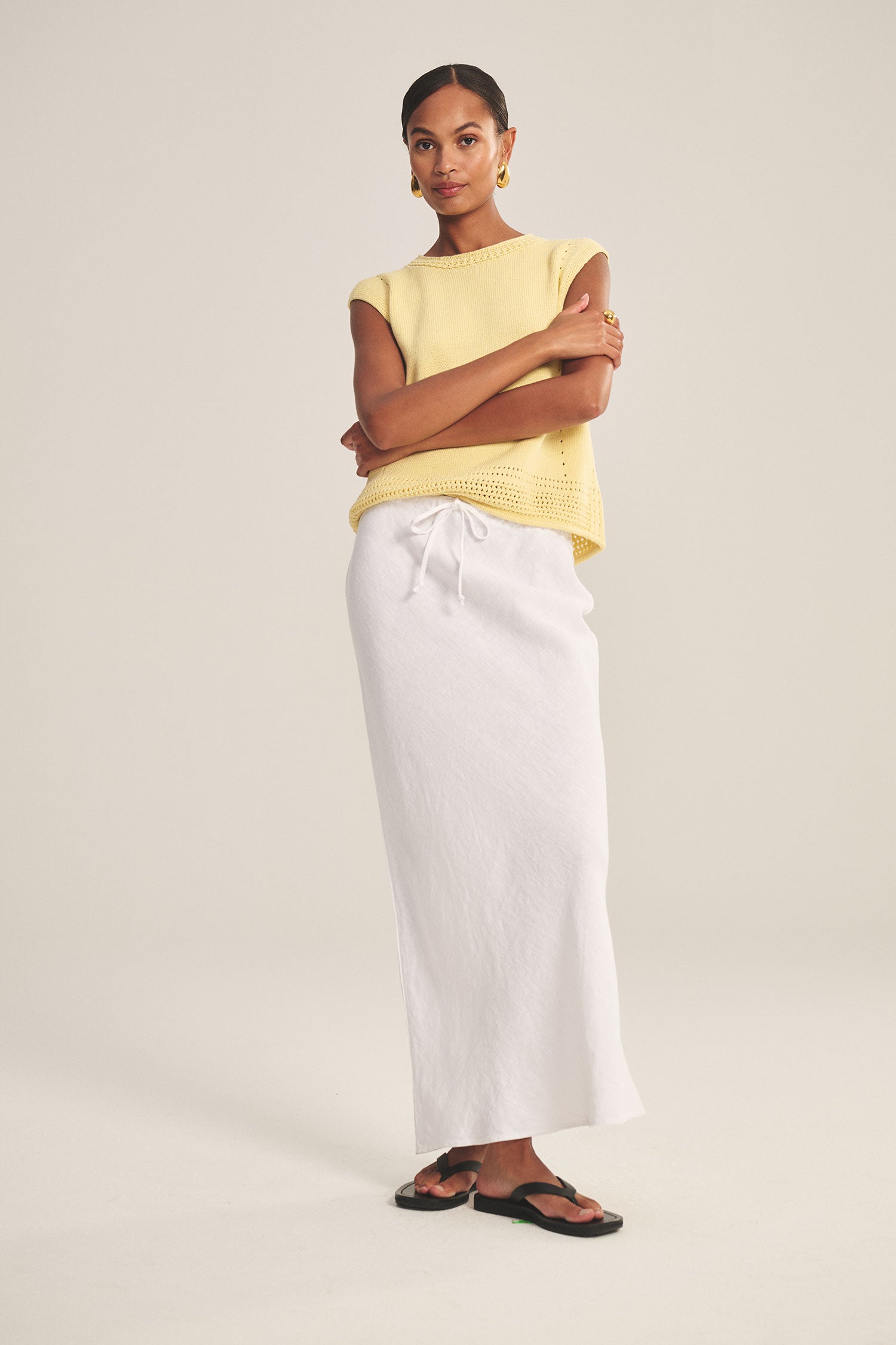 white linen midi skirt