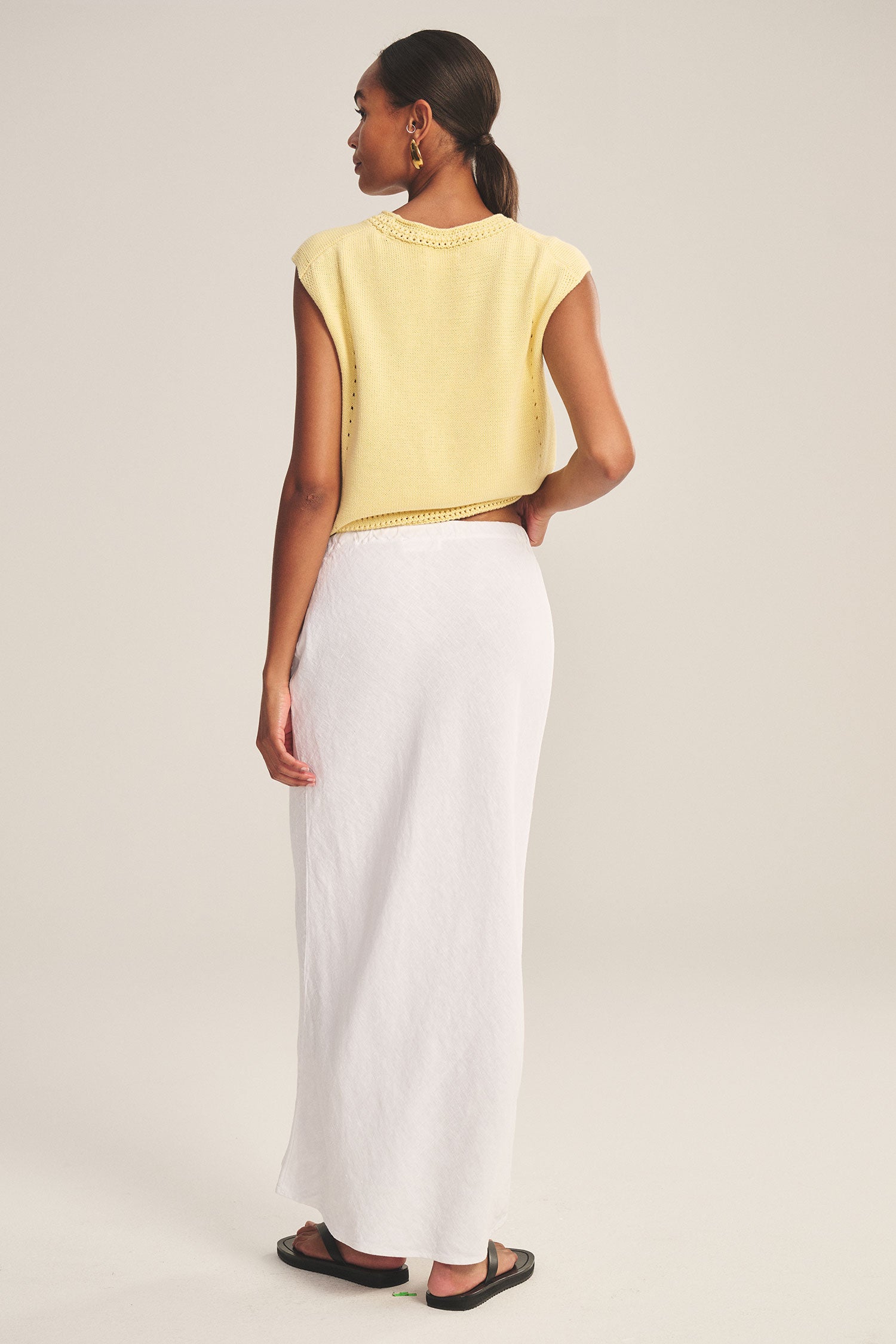 white linen midi skirt