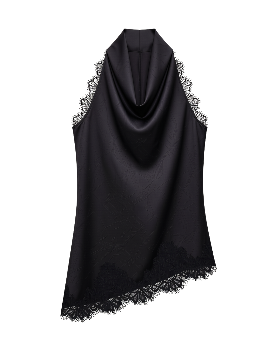 black cowl neck tank top with lace trim and a bias bottom