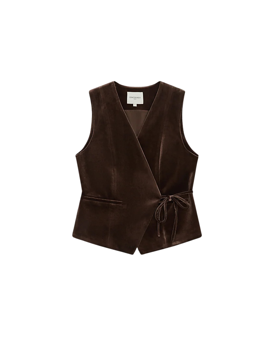 velvet brown vest with a tie