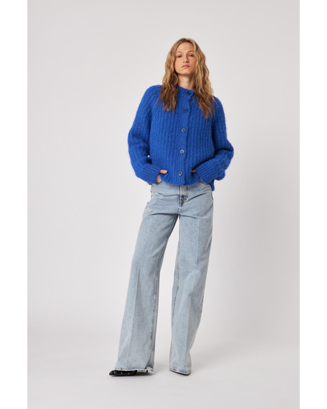 blue thick knit cardigan