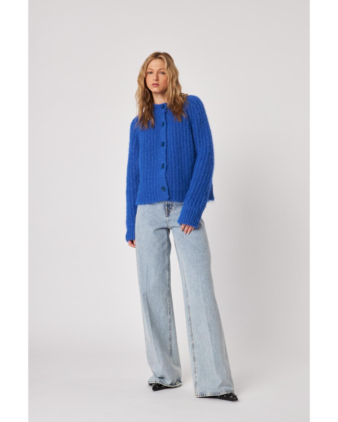 blue thick knit cardigan