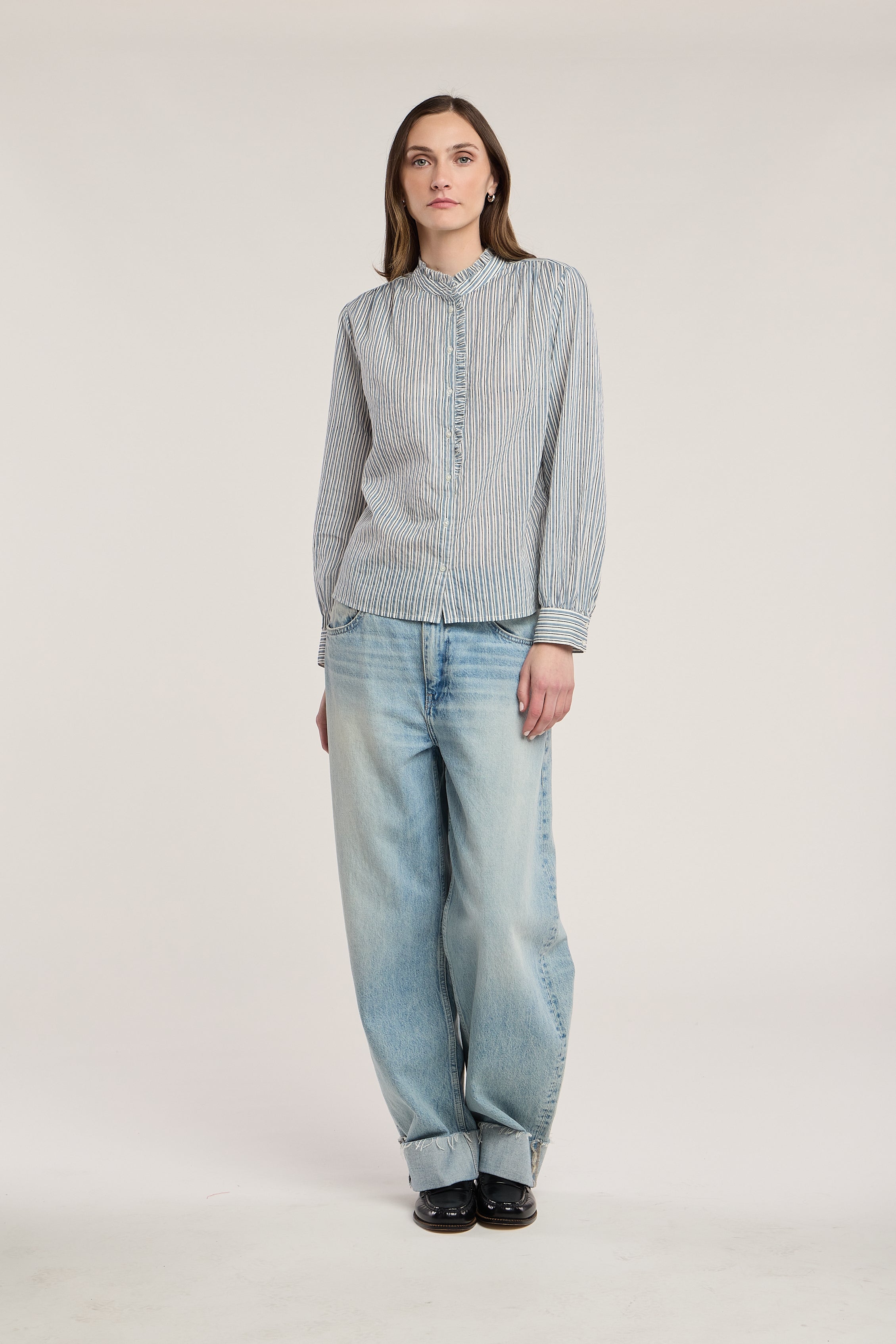 blue and white stripe blouse with no collar