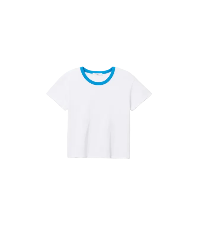 white basic tee with a blue crewneck