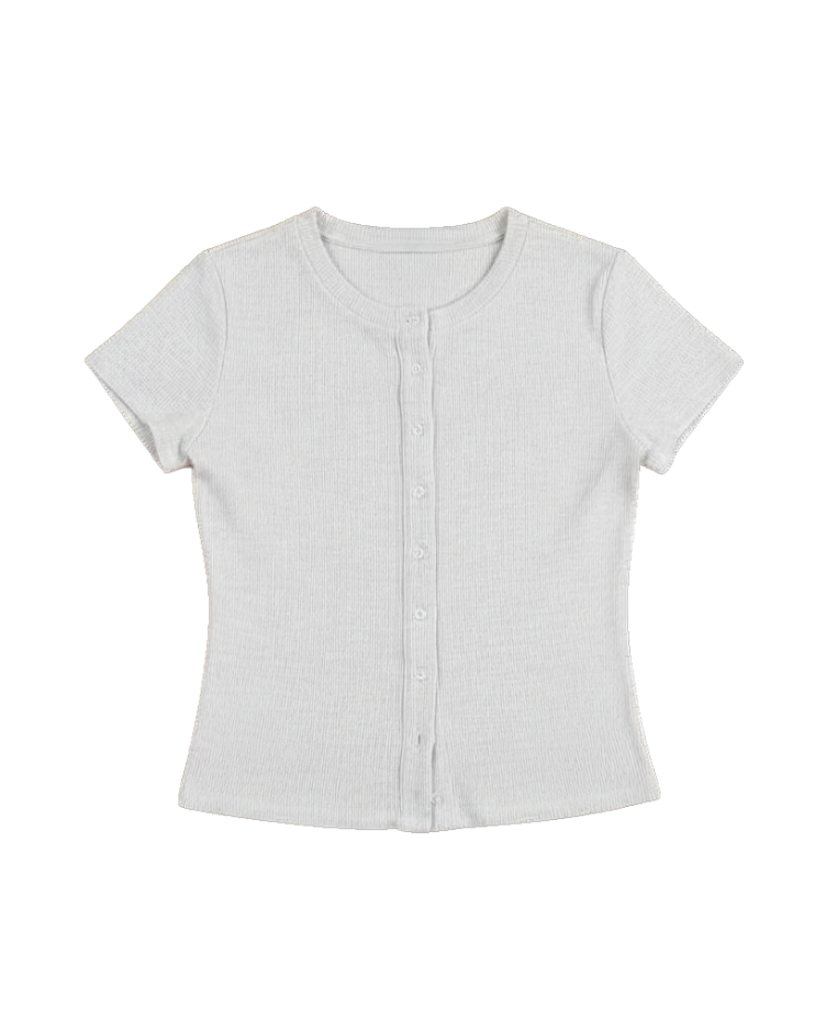 short sleeve grey top with buttons down the front