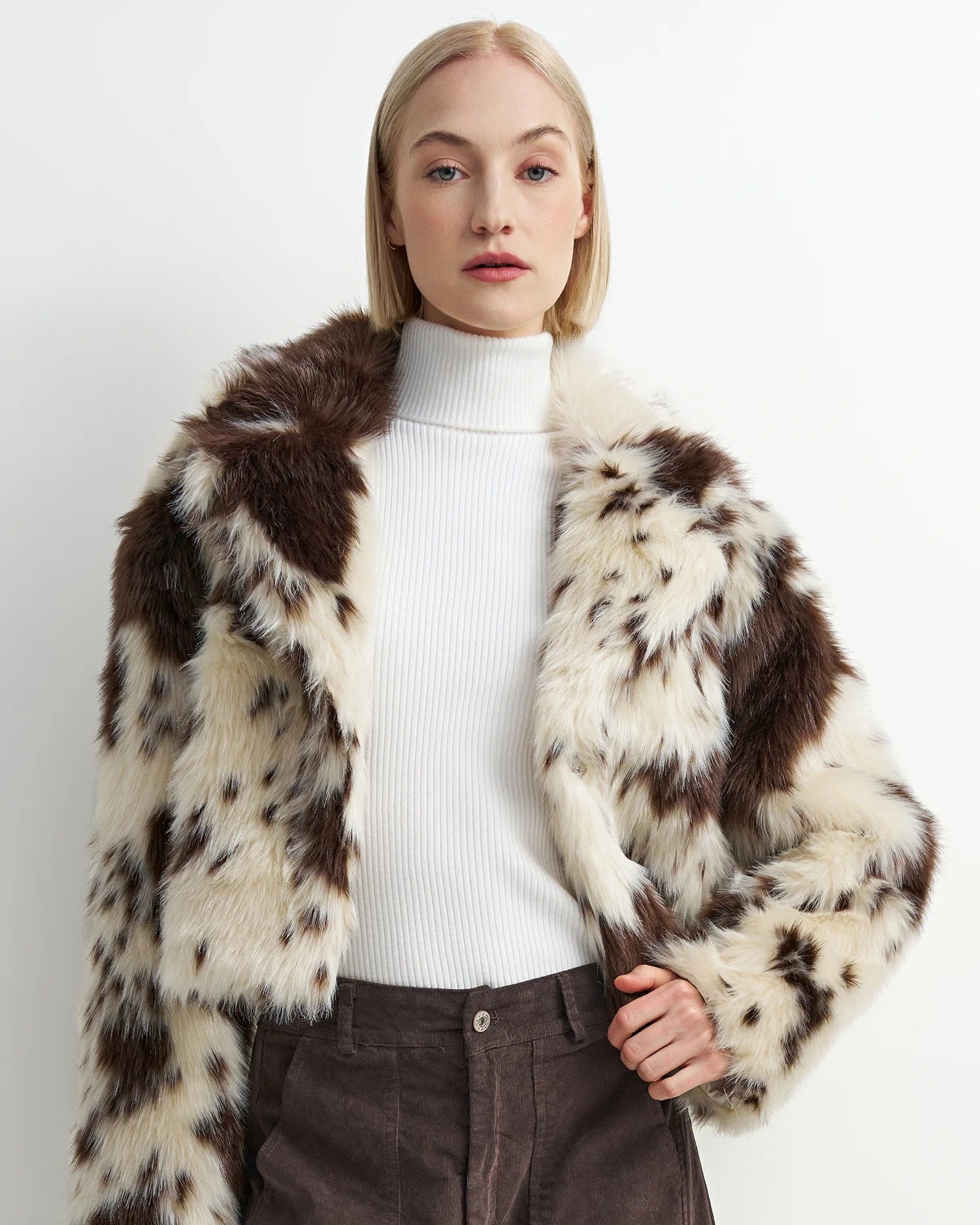 brown and white cow print crop jacket