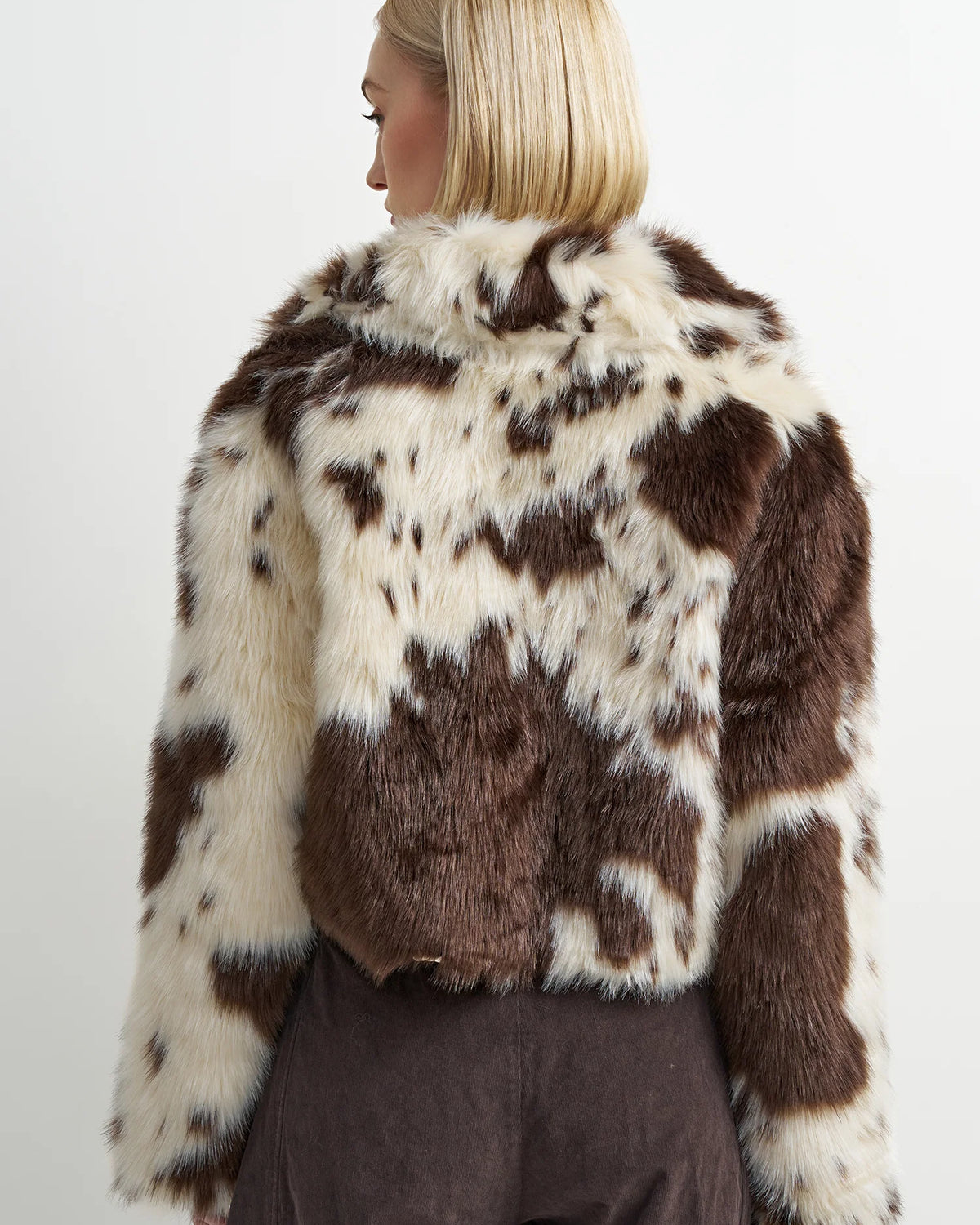 brown and white cow print crop jacket
