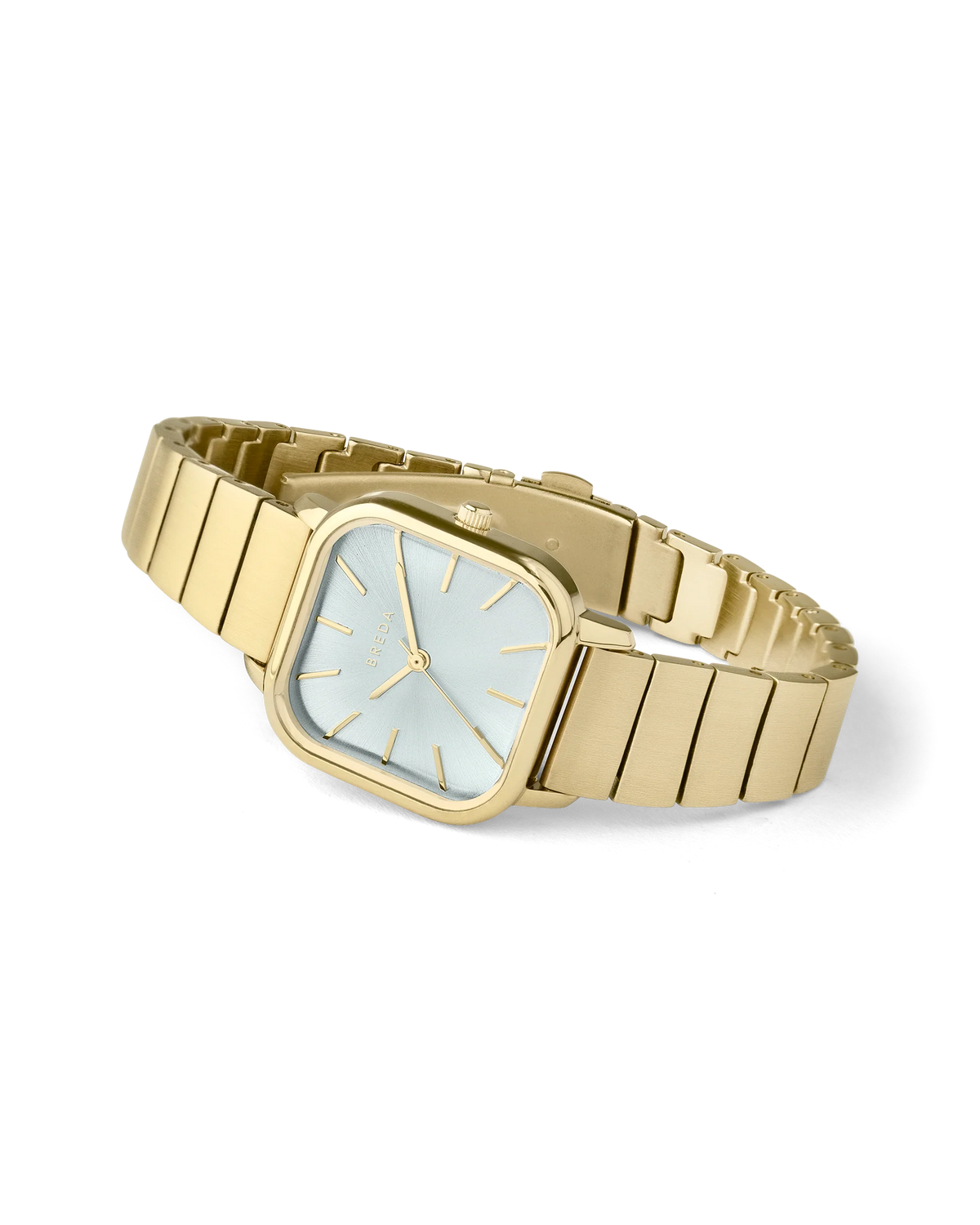 gold square face watch with pearl face