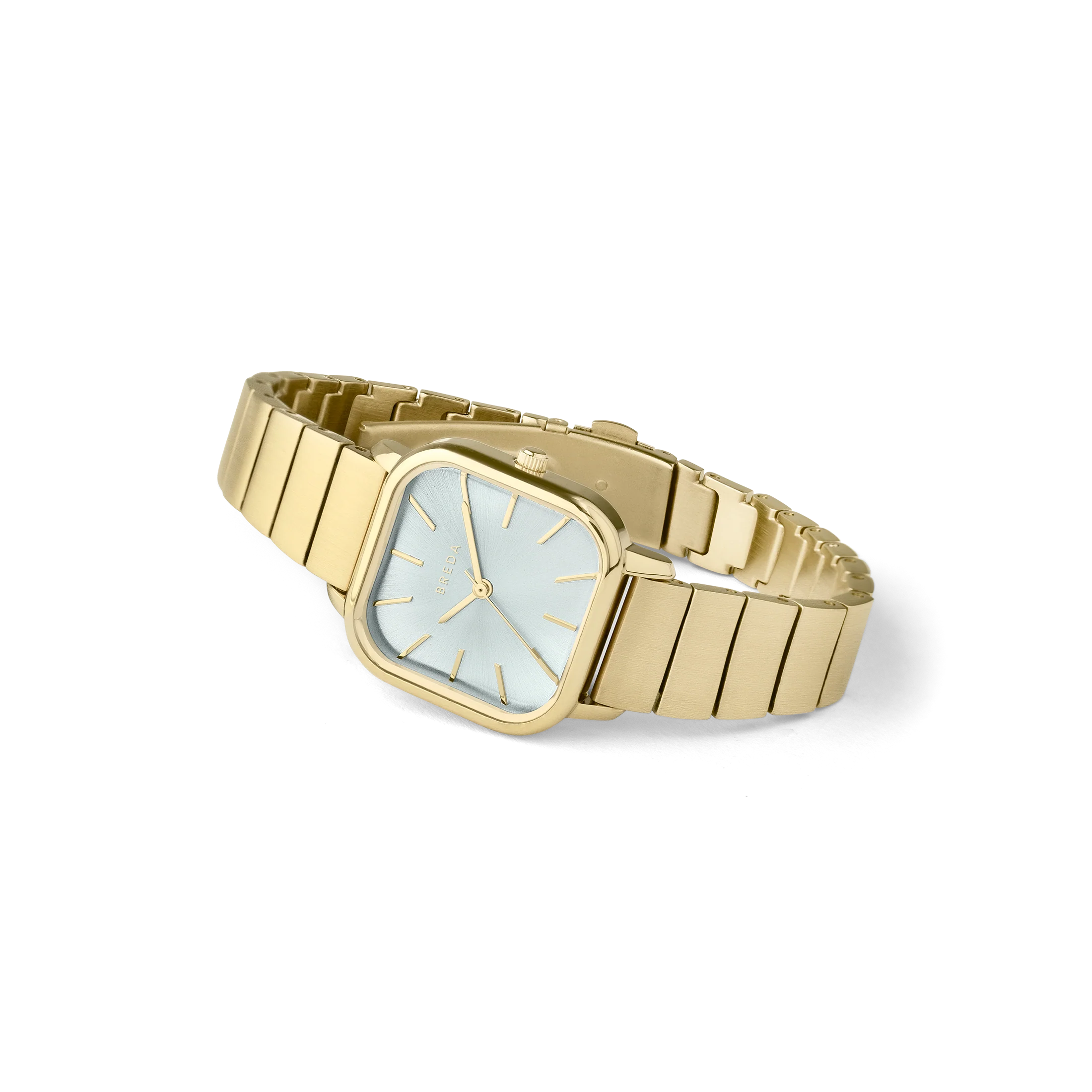 gold square face watch with pearl face