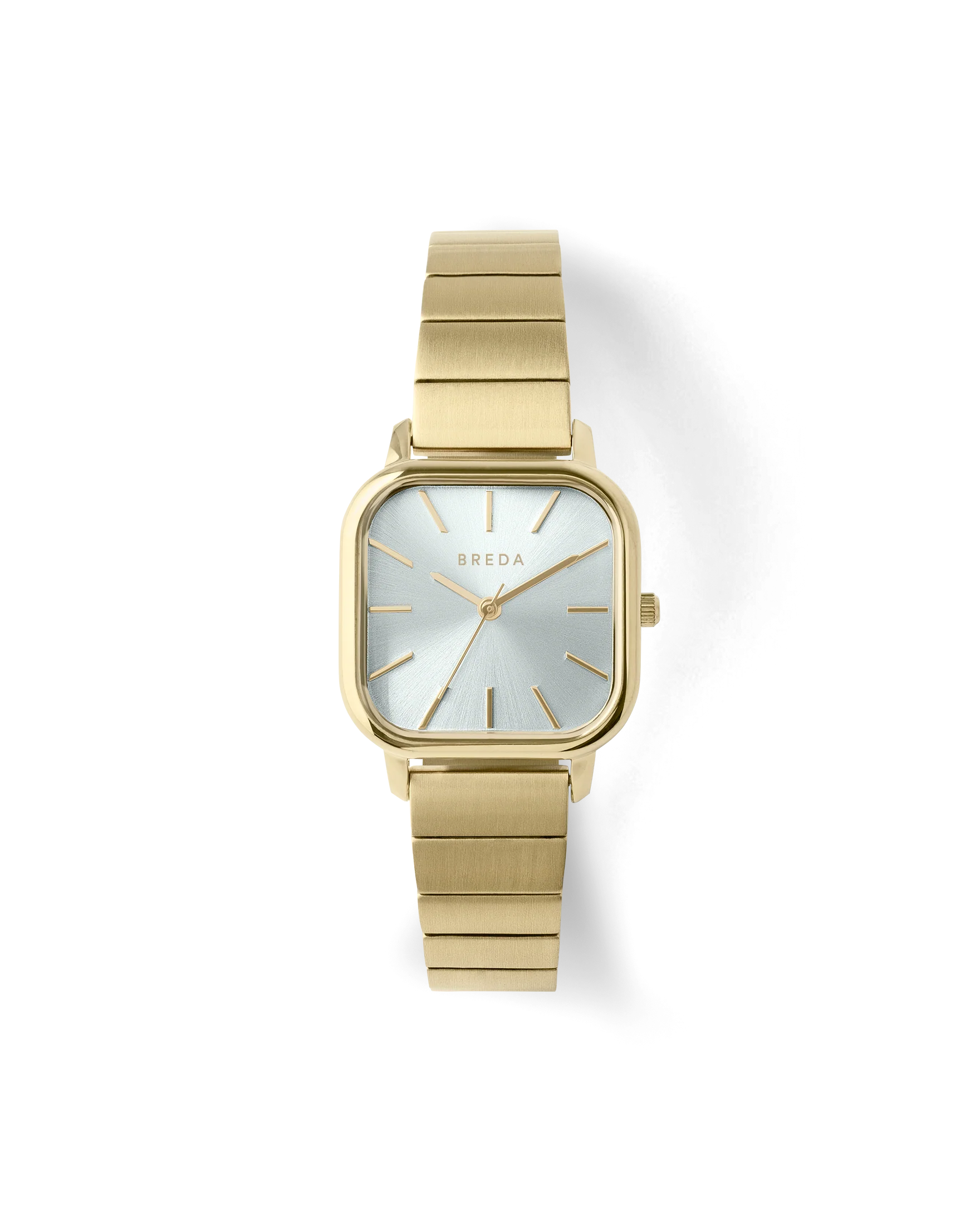 gold square face watch with pearl face