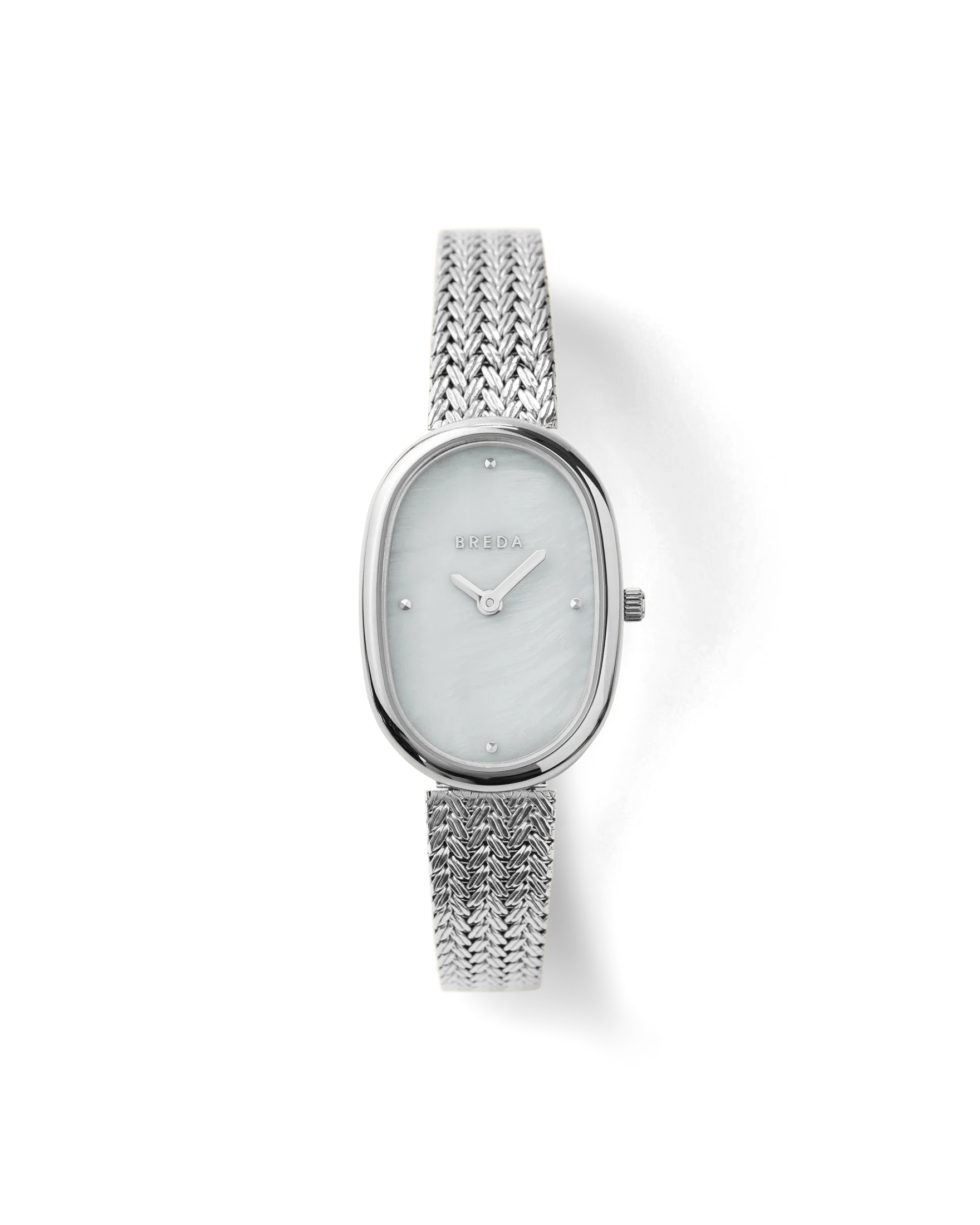 silver oval watch with pearl face